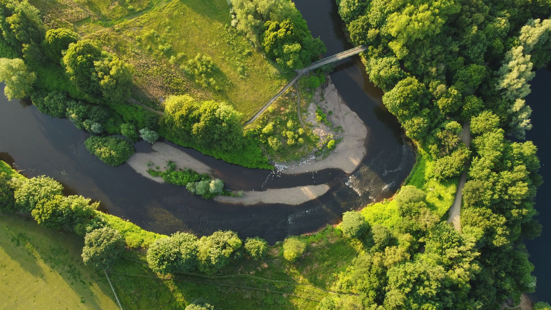 A tree lined river bend seen from the air
