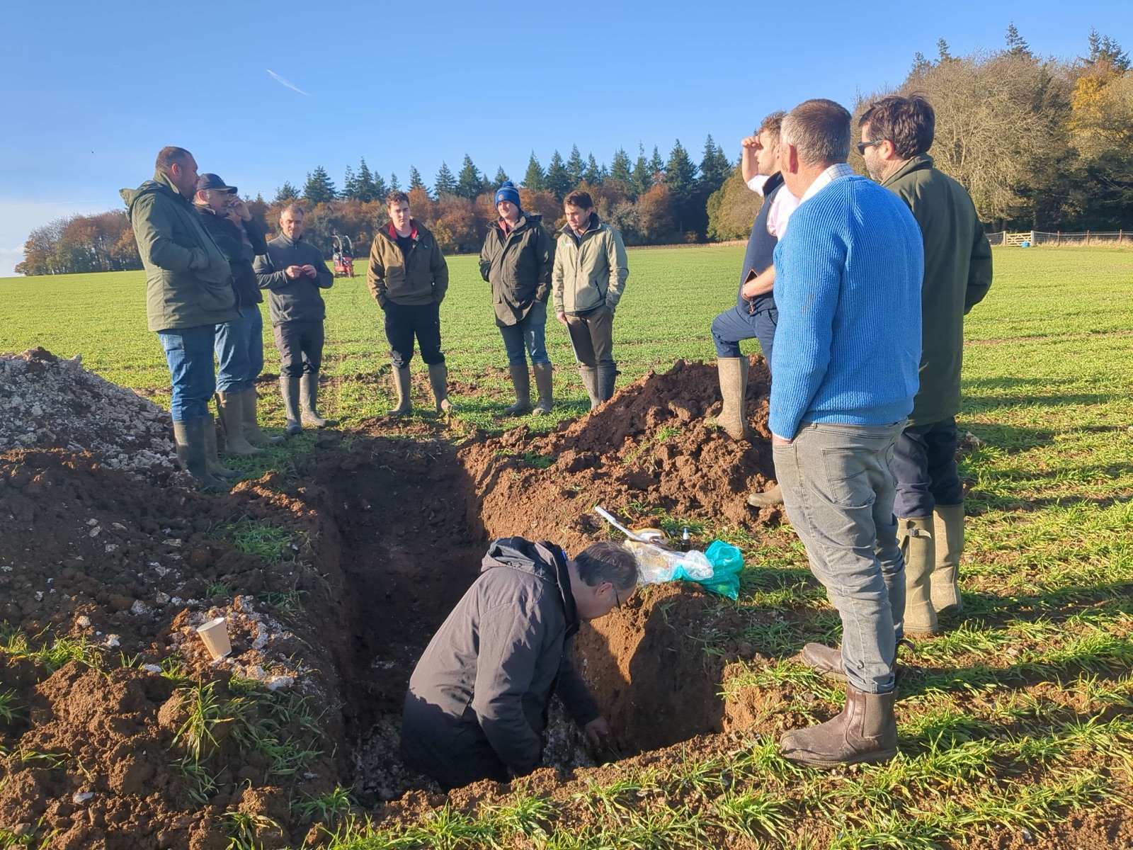 Farmers looking into a soil pit on treated ground